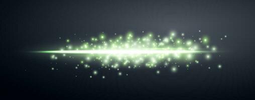 Green horizontal lensflare. Light flash with rays or green glowing sparkles. Glow flare light effect. Vector illustration. Isolated on dark background.