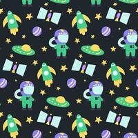 Baby cute seamless pattern with space elements on dark background. Hand drawn flat cartoon style. Vector illustration