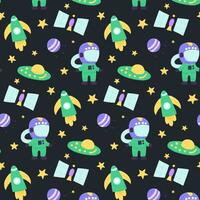 Baby cute seamless pattern with space elements on dark background. Hand drawn flat cartoon style. Vector illustration