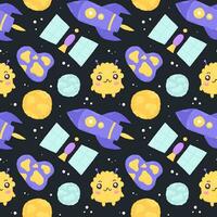 Baby cute seamless pattern with space elements on dark background. Hand drawn flat cartoon style. Vector illustration