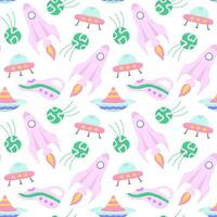 Baby cute seamless pattern with space elements on white background. Hand drawn flat cartoon style. Vector illustration