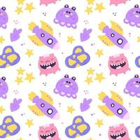 Baby cute seamless pattern with space elements on white background. Hand drawn flat cartoon style. Vector illustration