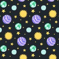 Baby cute seamless pattern with space elements on dark background. Hand drawn flat cartoon style. Vector illustration