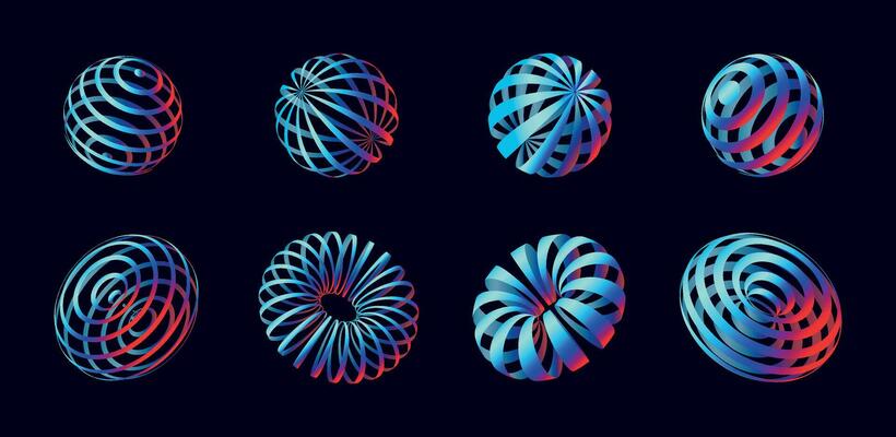 Set of techno 3d gradient figures, striped mesh models, spheres and torus, y2k aesthetic decorations.