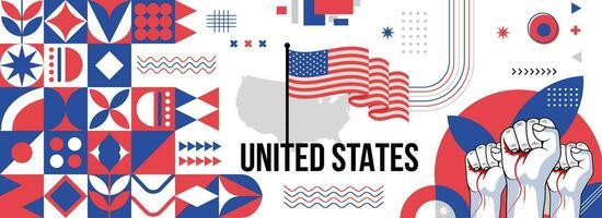 USA national or independence day banner for country celebration. Flag and map of United states with raised fists. Modern retro design with typorgaphy abstract geometric icons. Vector illustration