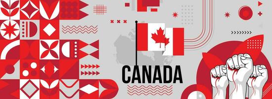 Canada national or independence day banner for country celebration. Flag and map of Canadians with raised fists. Modern retro design with typorgaphy abstract geometric icons. Vector illustration