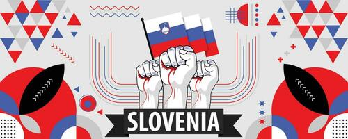 Slovenia national or independence day banner for country celebration. Flag of Slovenia with raised fists. Modern retro design with typorgaphy abstract geometric icons. Vector illustration.