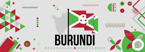 Burundi national or independence day banner for country celebration. Flag and map of Burundi with raised fists. Modern retro design with typorgaphy abstract geometric icons. Vector illustration.