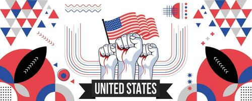 USA national or independence day banner for country celebration. Flag of United states with raised fists. Modern retro design with typorgaphy abstract geometric icons. Vector illustration.