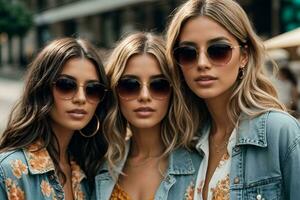 ai generado Moda mujer amigos vistiendo Gafas de sol en verano usar jeans foto