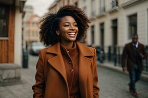 AI generated Pretty brunette woman laughs and walks outside photo