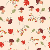 Autumn Seamless Pattern with leaves, rowanberry and mushroom. Vector Background