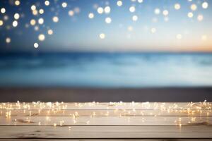 AI generated Empty Wooden Tabletop with Lights on Blurred Beach and Sea Background. Generative AI photo
