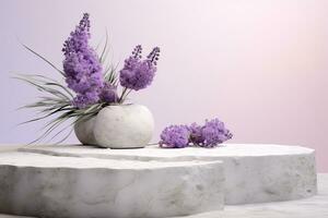 AI generated Cosmetics and Skin Care Products Presentation Scene with Lavender Flowers and Pumice Stone Podium, 3D Render, Nature Beauty Concept. Generative AI photo