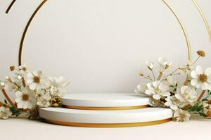 AI generated 3D White and Gold Podium with white Flowers and Leaves. Generative AI photo