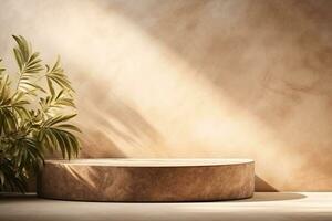 AI generated Beige Podium Product Display Presentation with Sandstone and Plants. Generative AI photo