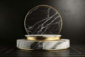 AI generated Black and White Marble Podium Product Display Background with Gold Accents. Generative AI photo