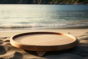 AI generated Wooden Tray Podium on Sand Beach, Morning Light. Generative AI photo