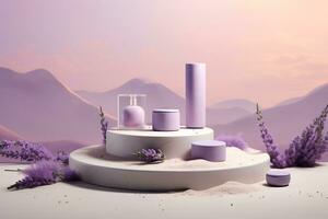 ai generado productos cosméticos y piel cuidado productos presentación escena con lavanda flores y piedra pómez Roca podio, 3d prestar, naturaleza belleza concepto. generativo ai foto