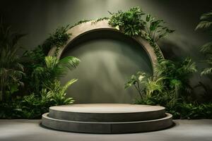 AI generated Beige Podium Product Display Presentation with Sandstone and Plants. Generative AI photo