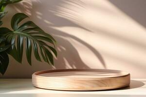 AI generated Wooden Round Tray Podium on White Table with Sunlight and Leaf Shadow. Generative AI photo