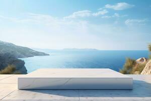 AI generated White Marble Podium with Sea View Background. Generative AI photo