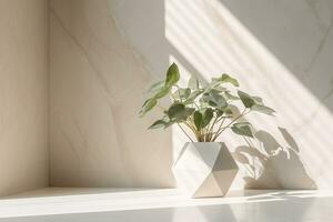 AI generated Marble Geometric Decor and Home Plant in Corner with Lighting and Soft Shadow. Generative AI photo