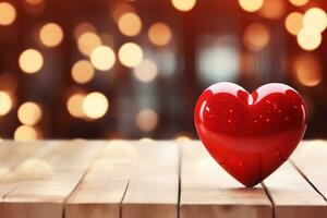 AI generated Red Heart on Wooden Table with Bokeh Background, Love, Romance, Valentine's Day. Generative AI photo