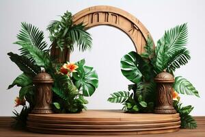 AI generated 3D Realistic Wooden and Green Stone Podium with Tropical Palm Leaf Decoration, Product Display Mockup. Generative AI photo