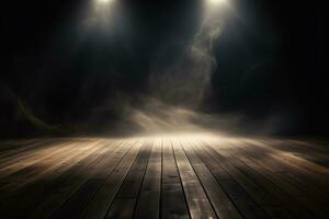 AI generated Empty Wooden Floor with Smoke Floating Up on Dark Background. Generative AI photo