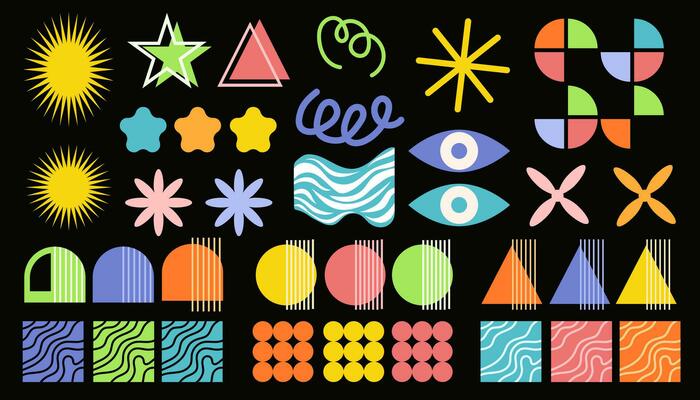 Brutalism abstract elements set vintage style. Collection of brutalist geometric shapes. Trendy minimalist basic figures, lines, flowers, circles, squares, triangles, waves. Vector illustration.