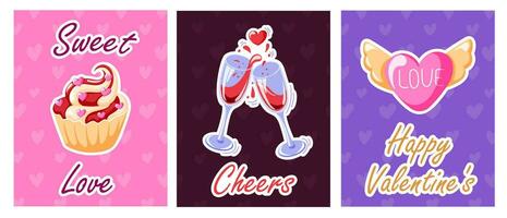 Happy Valentines love Day posters set in flat style. Cupcake, heart with wings, two wine splash glasses. Vector illustration isolated on a white background.