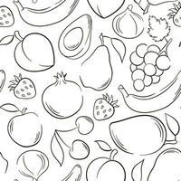 frutas contorno línea estilo modelo. verano Fruta mezcla sin costura modelo. línea dibujo. fresa, granada, mango, pera, durazno. garabatear estilo. vector