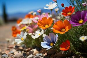 AI generated Desert transformed by a kaleidoscope of wildflowers, go green images photo