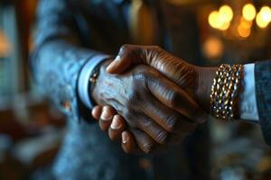 AI generated Businessman sealing a deal with a handshake in close up, business meeting image photo