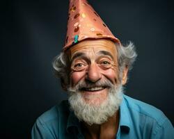 ai generado mayor hombre en fiesta sombrero en azul fondo, activo personas mayores estilo de vida imágenes foto