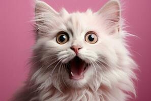 AI generated Cute cat yawning against pink backdrop, cute domestic pet image photo