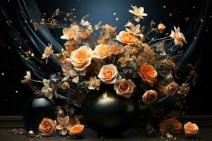 AI generated Cosmic inspired flowers in a celestial themed scene on a dark table, valentine, dating and love proposal image photo