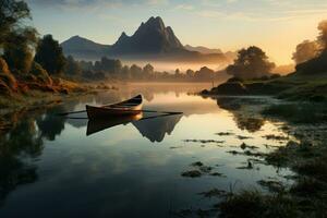 AI generated Canoe on serene mountain lake at sunrise, sunrise and sunset wallpaper photo