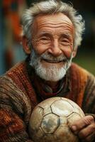 ai generado alegre mayor hombre sostiene fútbol pelota y sonrisas, activo personas mayores estilo de vida imágenes foto