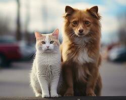 ai generado pequeño perro y gato en pie juntos en un foto, animal fotografía fotos