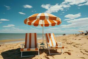 AI generated Beachside chairs and umbrella in relaxation mode, summer season nature image photo