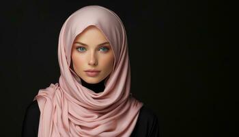 ai generado confidente joven musulmán dama exhibiendo su hijab en un foto, eid y Ramadán imágenes foto