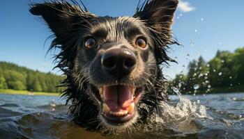 AI generated A black dog enjoying a swim splashing in a serene lake, pet photography photo