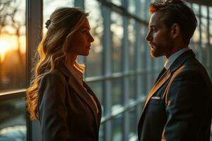 AI generated Two professionals strategizing in natural light, business meeting image photo