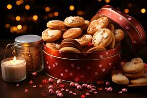 ai generado Clásico inspirado corazón conformado galletas apilado en nostálgico latas, compromiso, Boda y aniversario imagen foto