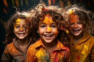 AI generated Innocent faces adorned in holi colors, holi festival images in india photo