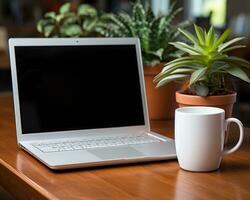 AI generated A laptop a desk and a cup of coffee, business meeting image photo