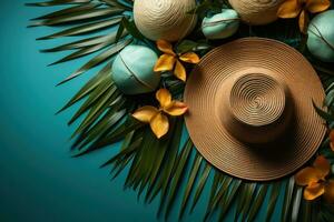 AI generated Coconut sun hat and tropical leaves on a turquoise canvas, best summer image photo