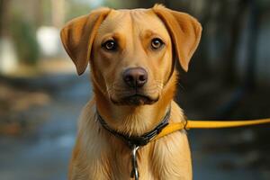 AI generated Photo of a leashed yellow labrador retriever, pet photo